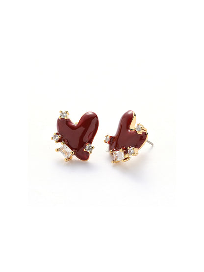 Fleur Heart Enamel Earrings - Red - MOUSAI